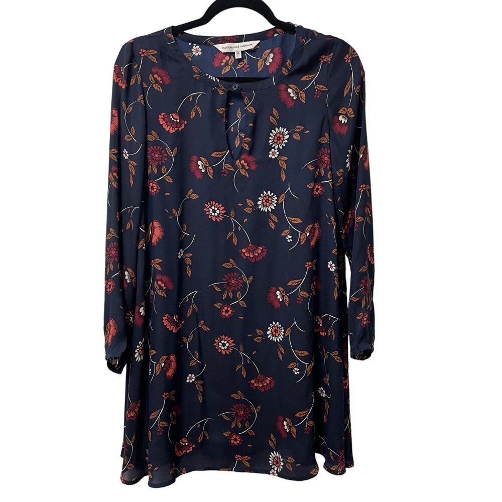 CUPCAKES AND CASHMERE MINI DRESS FLORAL KEYHOLE SIZE XS LIGHTWEIGHT LONG SLEEVE